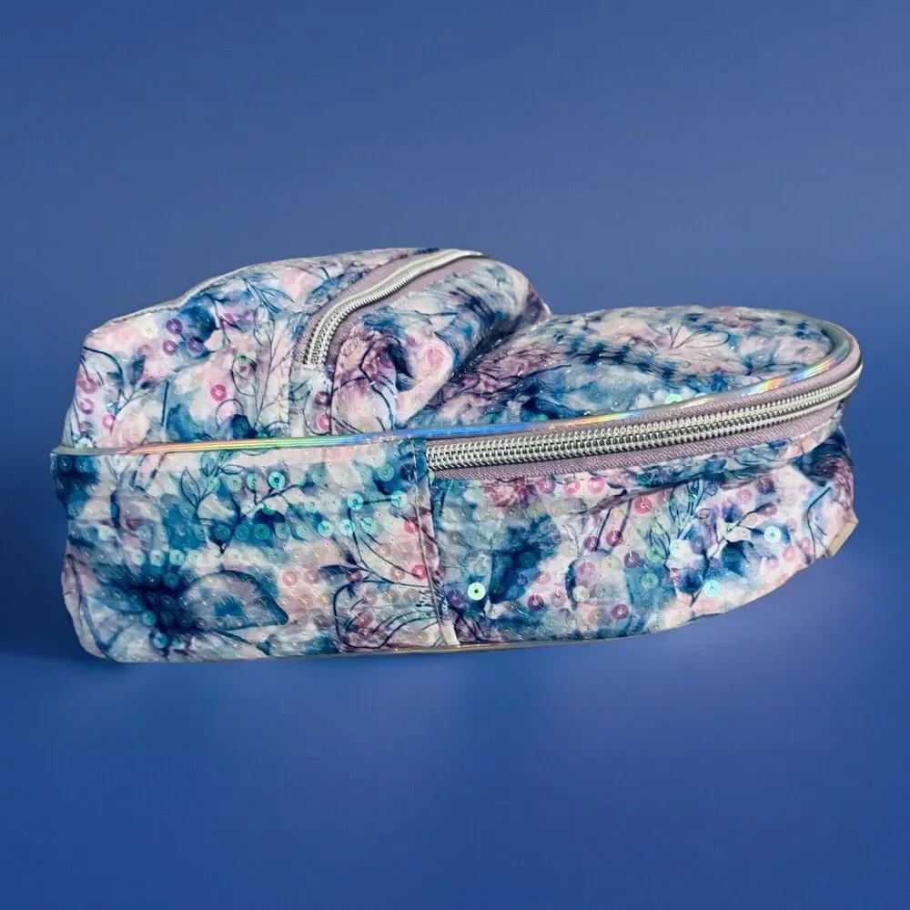 New Justice sequined Blue & Purple floral mini backpack Bag Purse Straps Zip